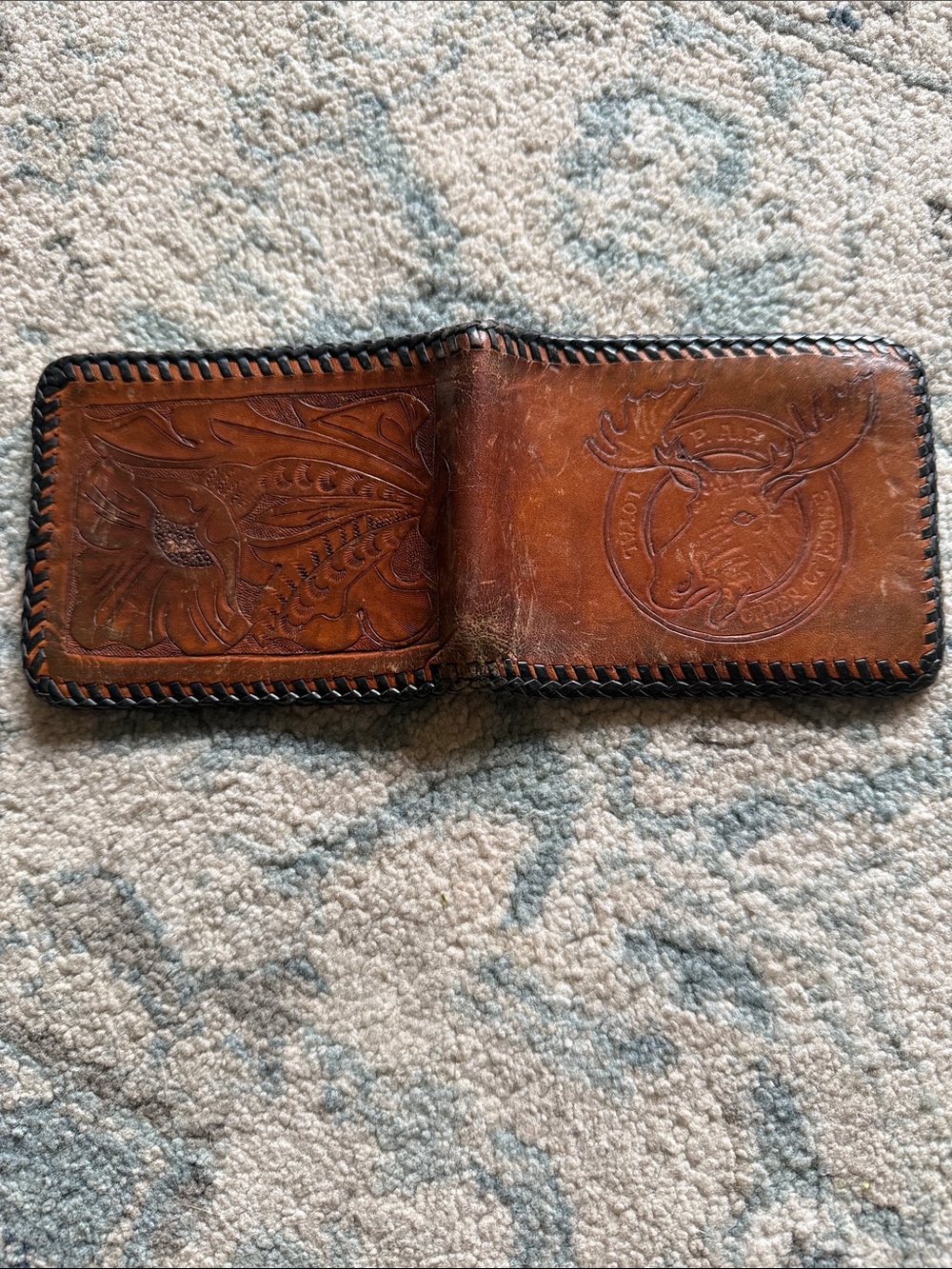Vintage Hand-Tooled Brown Leather Bi-Fold Wallet with Deer Motif